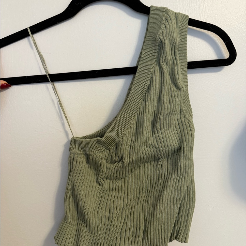 Zara Ribbed Sage Green Asymmetrical Crop Top